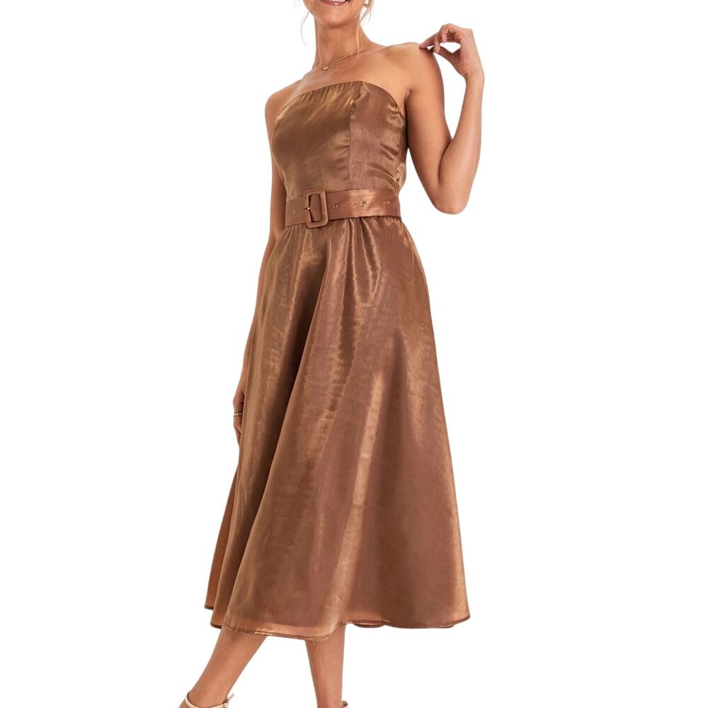 Lulu’s NWT Chicly Stunning Shiny Brown Organza Strapless Belted Midi Dress - Picture 1 of 14